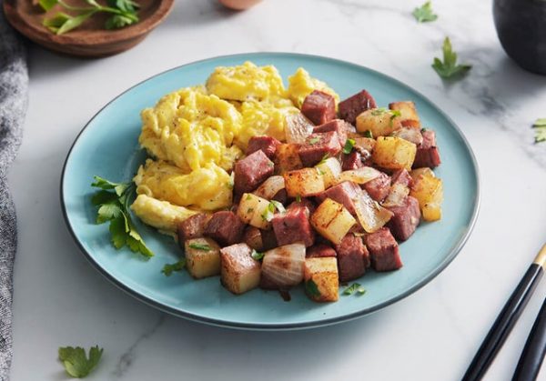 Grass-Fed Corned Beef Hash and Free-Range Scrambled Eggs